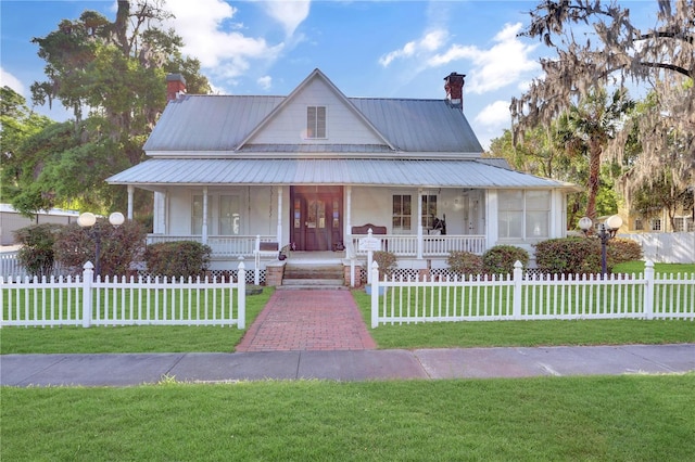 country-style home with a front lawn and covered porch