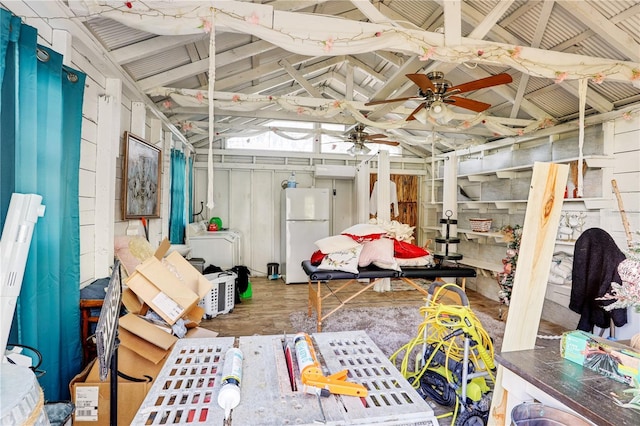 storage area featuring ceiling fan