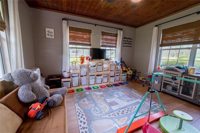 playroom with hardwood / wood-style flooring and wood ceiling