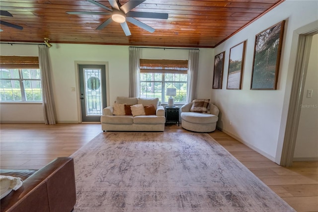 unfurnished living room featuring plenty of natural light, light wood-type flooring, wooden ceiling, and ceiling fan