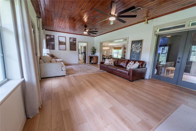 unfurnished living room with light wood-type flooring, ceiling fan, french doors, and wooden ceiling