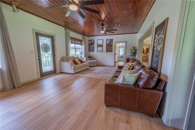 living room with ceiling fan, light hardwood / wood-style floors, and wooden ceiling