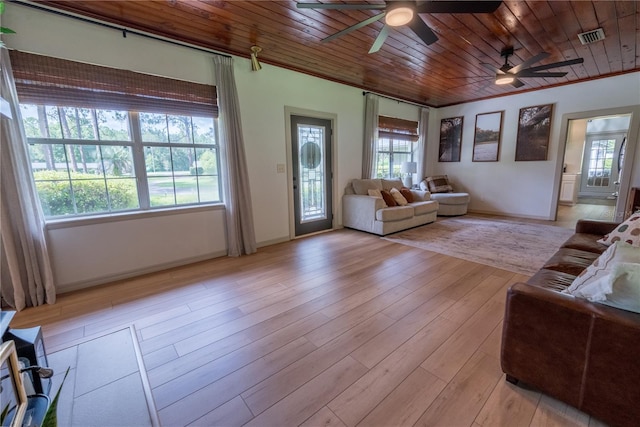 living room featuring wood ceiling, ornamental molding, light hardwood / wood-style floors, and a wealth of natural light