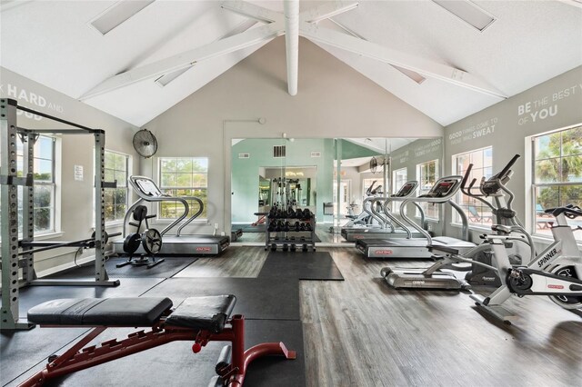 exercise room with a healthy amount of sunlight, ceiling fan, high vaulted ceiling, and hardwood / wood-style flooring