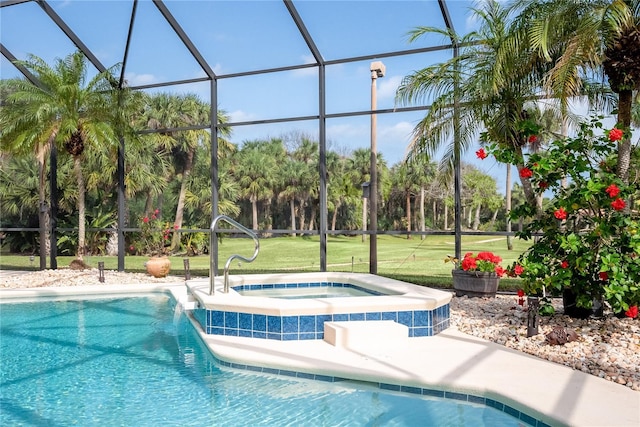 view of swimming pool featuring glass enclosure, a yard, and a pool with connected hot tub