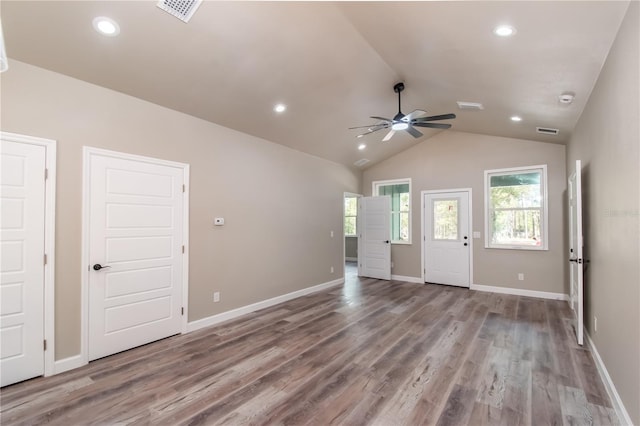 entrance foyer featuring ceiling fan, vaulted ceiling, and light hardwood / wood-style floors