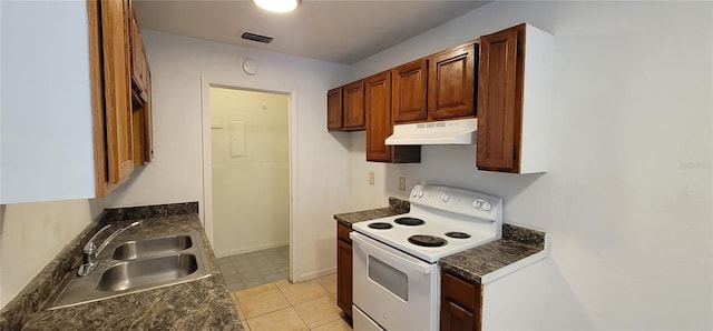 kitchen with white range with electric cooktop, light tile patterned flooring, and sink