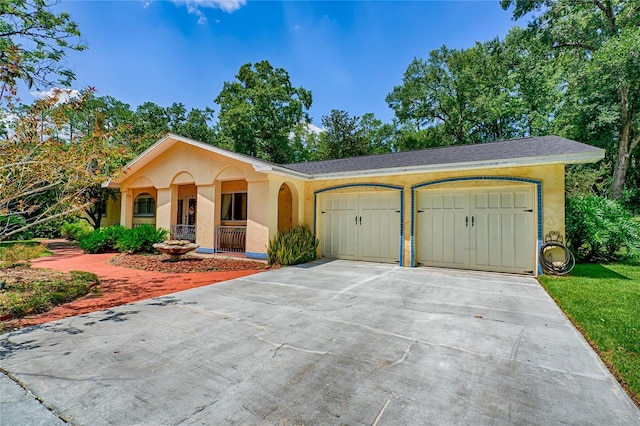 single story home featuring a garage and a porch