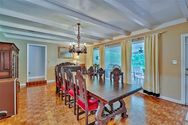 dining space featuring an inviting chandelier, beamed ceiling, and light parquet flooring