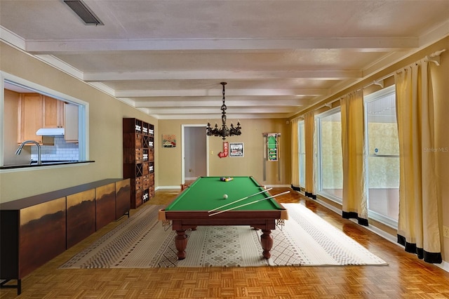 4700 NW 19th Pl, Gainesville, FL 32605 - playroom featuring visible vents, a sink, baseboards, billiards, and beam ceiling