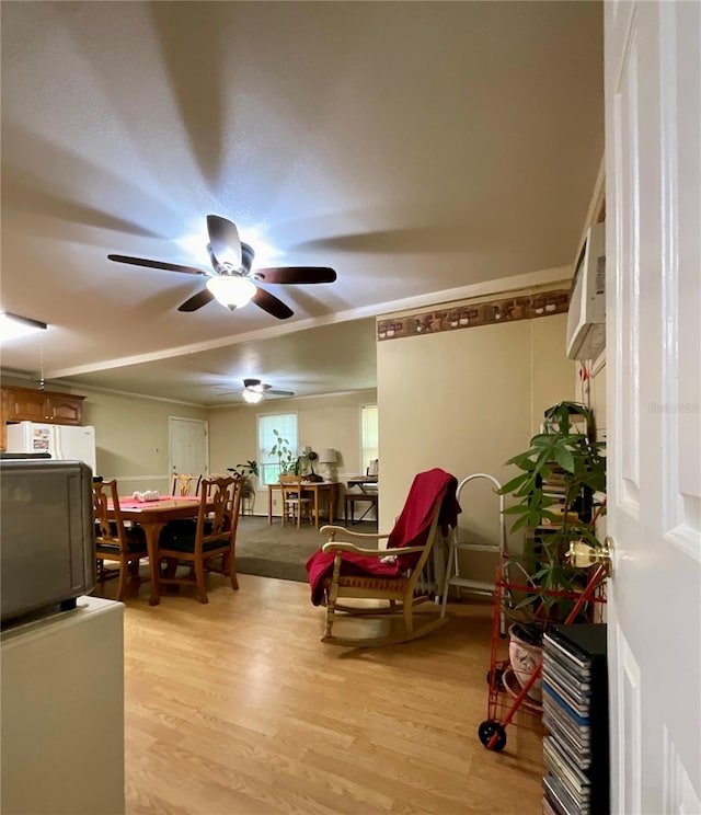 interior space with ceiling fan and light hardwood / wood-style flooring