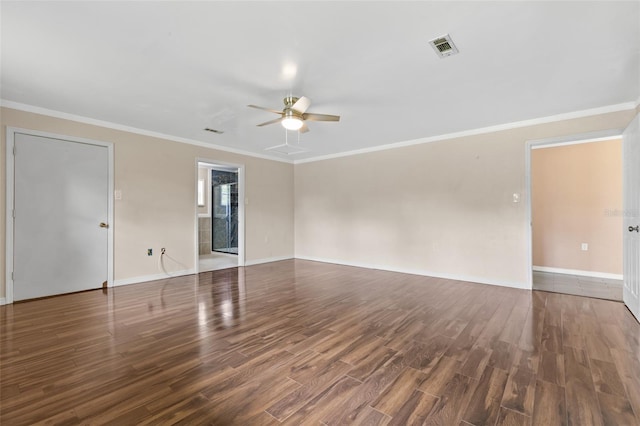 unfurnished room with ornamental molding, ceiling fan, and dark hardwood / wood-style floors