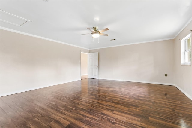 empty room with crown molding, ceiling fan, and dark hardwood / wood-style floors