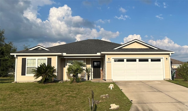 ranch-style home with a garage and a front yard