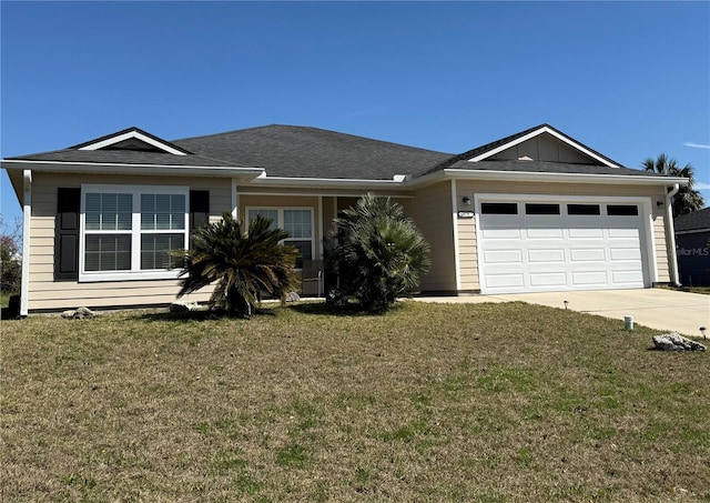 ranch-style home featuring an attached garage, board and batten siding, a front lawn, and concrete driveway