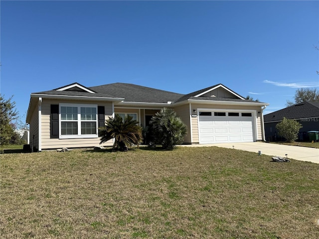 single story home with a garage, concrete driveway, a front lawn, and board and batten siding