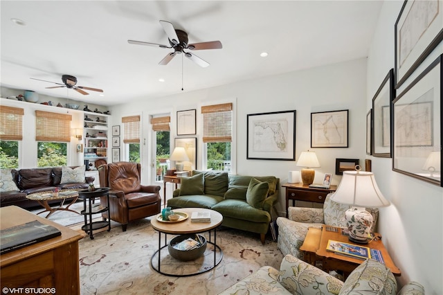 living room with ceiling fan