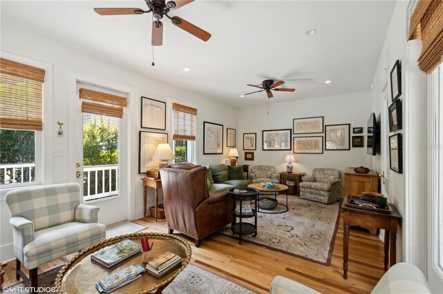 living room with ceiling fan and light hardwood / wood-style floors