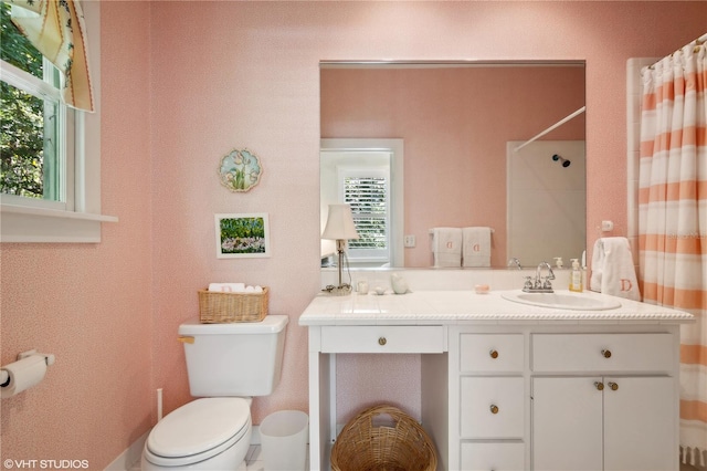 bathroom with toilet, vanity, and a wealth of natural light