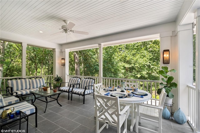 sunroom / solarium featuring ceiling fan and wooden ceiling