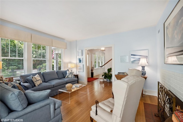 living room featuring a fireplace and wood-type flooring