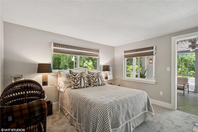 bedroom with light colored carpet