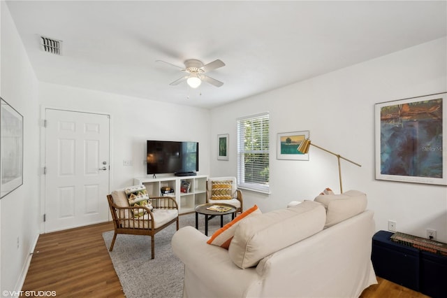 living room with ceiling fan and wood-type flooring