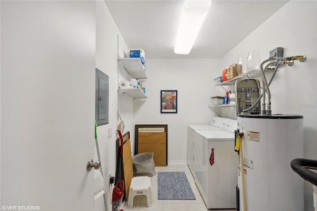 clothes washing area with electric panel, separate washer and dryer, light tile patterned floors, and gas water heater