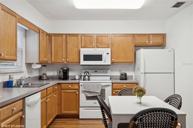 kitchen featuring sink, white appliances, and light hardwood / wood-style flooring