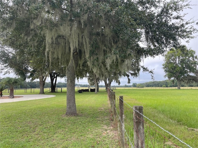 view of community with a rural view, fence, and a lawn