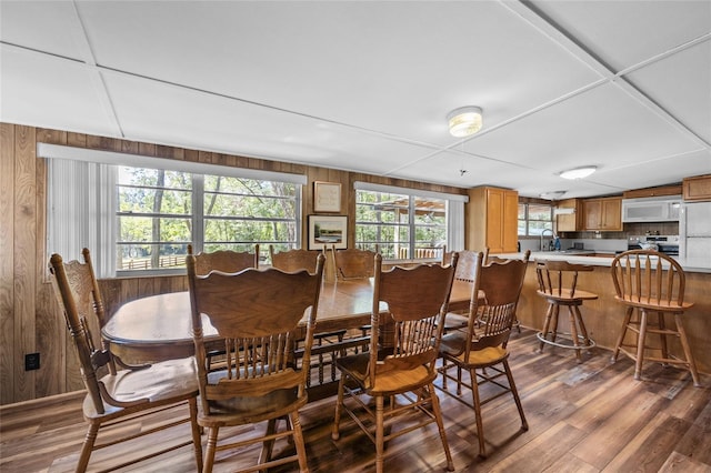 dining area featuring wooden walls and wood finished floors
