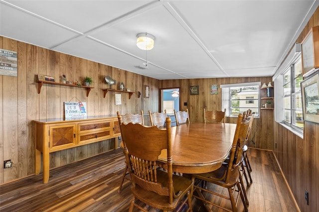 dining space featuring dark wood finished floors and wood walls