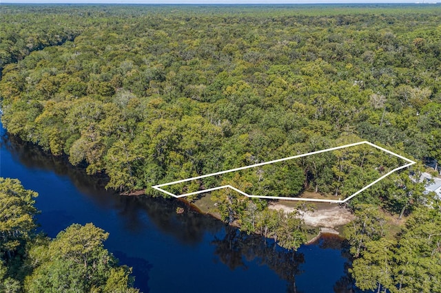 drone / aerial view featuring a wooded view and a water view