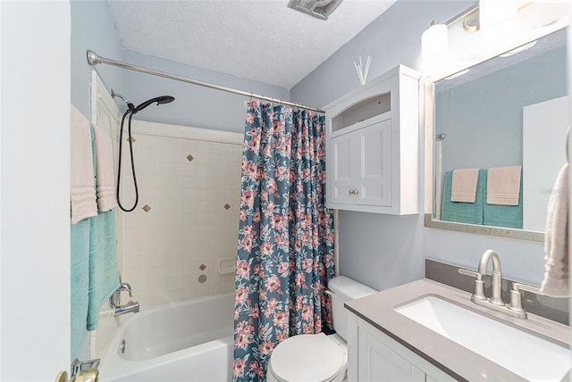 full bathroom with toilet, shower / bathtub combination with curtain, a textured ceiling, and vanity