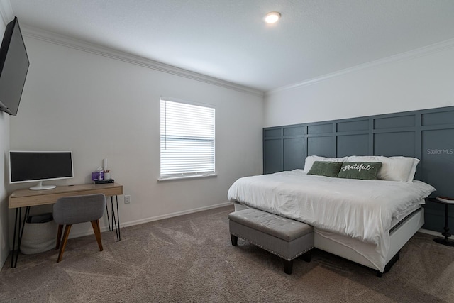 bedroom with carpet floors and ornamental molding