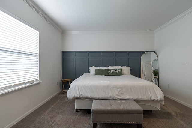 bedroom featuring dark carpet and crown molding