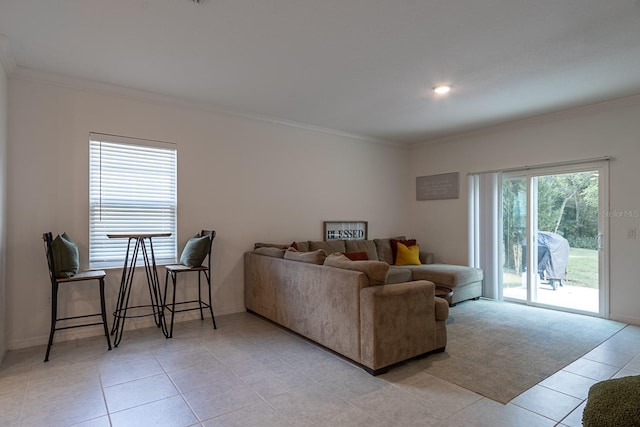 living room with crown molding and light tile patterned floors