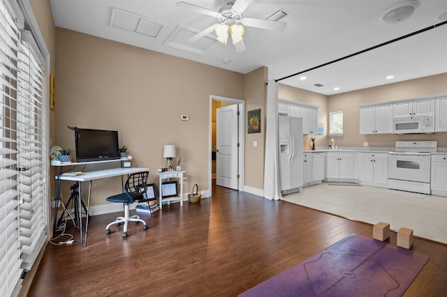 office with sink, ceiling fan, and light tile patterned flooring