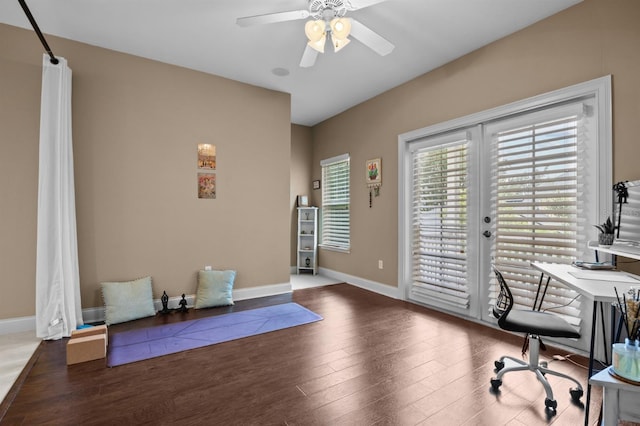 office with ceiling fan and wood-type flooring