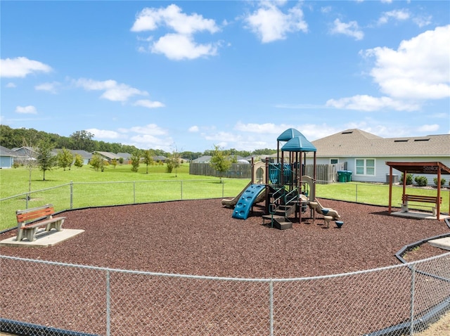 view of jungle gym featuring a yard