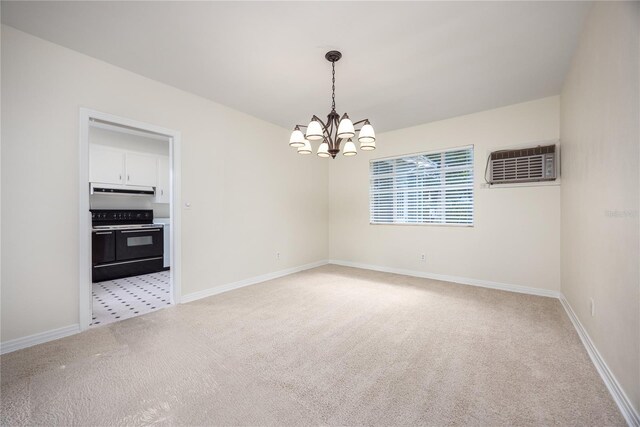 unfurnished dining area with light tile patterned floors, an inviting chandelier, and a wall mounted AC