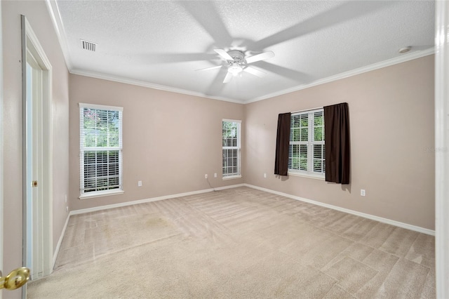 carpeted spare room featuring ceiling fan, a textured ceiling, and crown molding