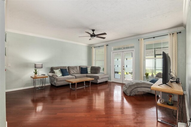 10545 NW 30th Ln, Gainesville, FL 32606 - living area with french doors, a ceiling fan, hardwood / wood-style flooring, and ornamental molding