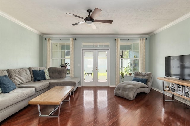 10545 NW 30th Ln, Gainesville, FL 32606 - living area with french doors, a textured ceiling, a ceiling fan, crown molding, and hardwood / wood-style flooring