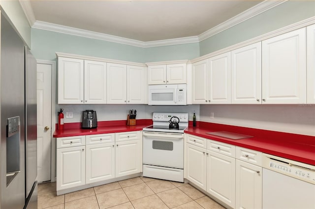 kitchen with white appliances, crown molding, and white cabinetry