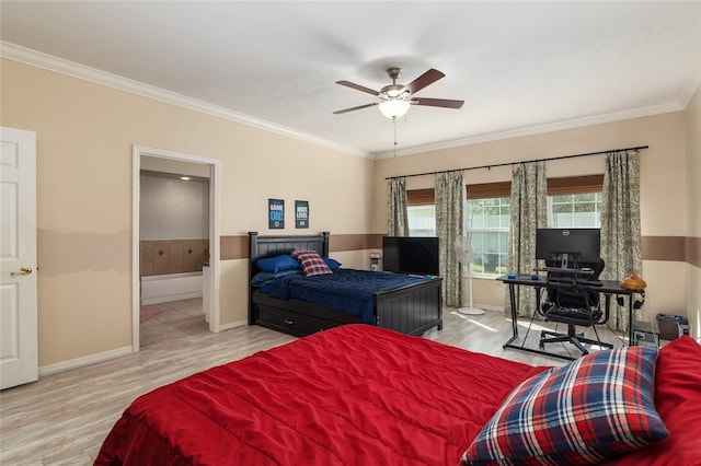 bedroom with ceiling fan, crown molding, ensuite bath, and light hardwood / wood-style floors