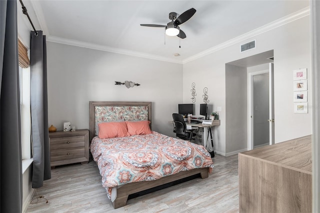 bedroom featuring ceiling fan, light hardwood / wood-style floors, and ornamental molding