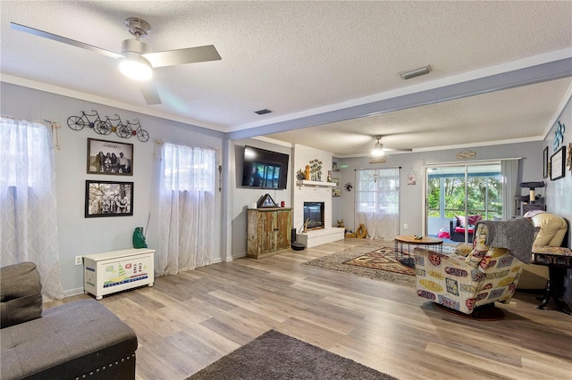 living room featuring a textured ceiling, ceiling fan, and light wood-type flooring