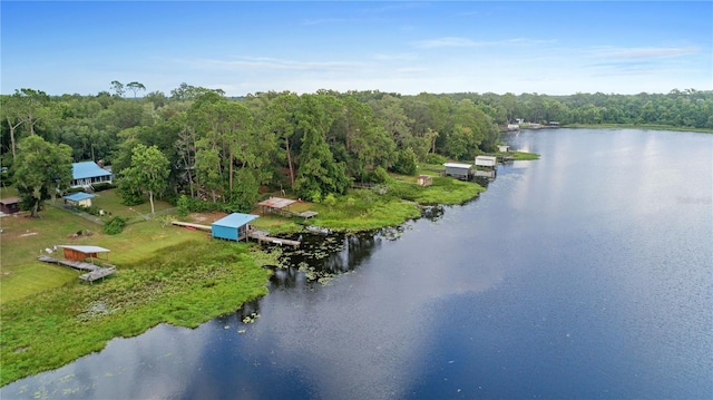 aerial view featuring a water view and a forest view