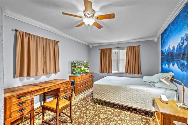 bedroom with ceiling fan and crown molding